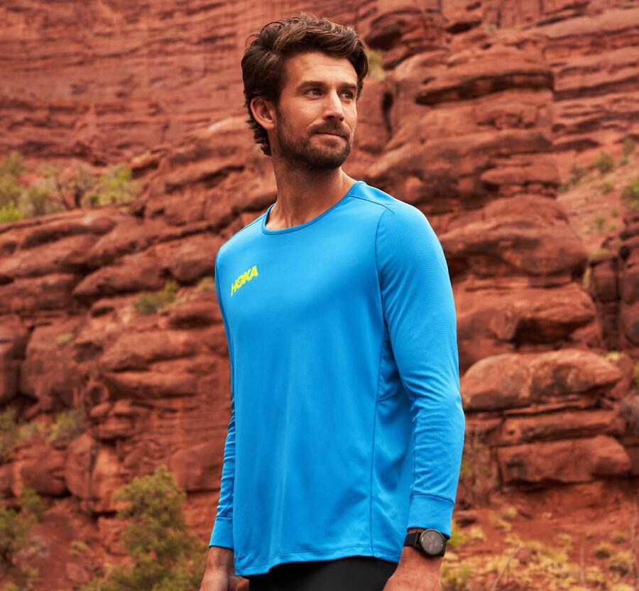 Hoka Australia One One Performance 3/4 Sleeve - Mens Tops Blue - XVRLC-0894